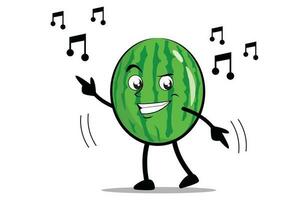 Wassermelone Karikatur Maskottchen oder Charakter Tänze zu seine Liebling Musik- vektor