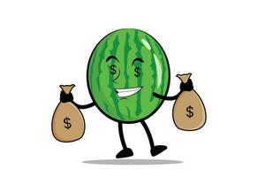 vattenmelon tecknad serie maskot eller karaktär bär en säck av pengar, en lön från hans företag vektor