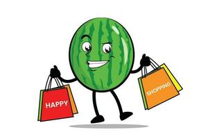 Wassermelone Karikatur Maskottchen oder Charakter tragen Lebensmittelgeschäft Taschen und genießen Einkaufen vektor