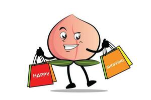 Pfirsich Karikatur Maskottchen oder Charakter tragen Lebensmittelgeschäft Taschen und genießen Einkaufen vektor