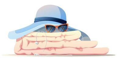 Strand Hut, Tagesdecke, Sonnenbrille, Kopfhörer. Sommer- Illustration mit Strand Zubehör. vektor