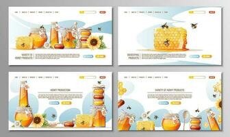 en uppsättning av webb sidor för en honung Lagra, honung Produkter. honung burk, trä- sked, bin och blommor. lämplig för hemsida design, webb baner, app. vektor