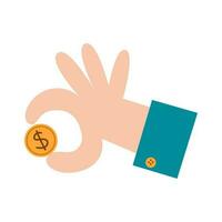 Hand hält ein Gold Dollar Münze im Finger. Büro Arbeiter macht ein Zahlung. Investition und Kauf Konzept. Geschäft Symbol Vektor eben Illustration.