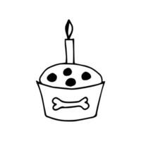einfach Vektor Gekritzel skizzieren, schwarz Gliederung Zeichnung. Süss Nachtisch, Kuchen mit ein Kerze, ein Knochen, ein Geschenk zum Ihre Geliebte Hund. zu feiern ein Haustiere Geburtstag.