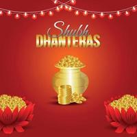 Dhanteras Verkauf Grußkarte und Banner mit Lotusblume und Goldmünze mit Kalash vektor