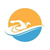einfach Schwimmen Schwimmbad Silhouette, Schwimmer Athlet auf Meer Ozean Wasser Welle Logo Design vektor