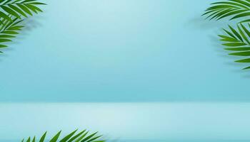 3d Studio Zimmer Anzeige mit Kokosnuss Palme Blatt und Schatten auf Blau Mauer Hintergrund, leer Galerie Zimmer mit Podium, Vektor Hintergrund Hintergrund Attrappe, Lehrmodell, Simulation zum Frühling Sommer Kosmetik, Produkt präsentieren, werben