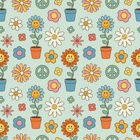 årgång häftig blommor sömlös mönster. retro hippie stil, blommig vektor bakgrund 60-tal, 70-talet, 80s