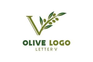 oliv logotyp design med brev v begrepp, naturlig grön oliv vektor illustration