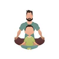 Papa und Sohn sind Sitzung tun Yoga im das Lotus Position. isoliert. Karikatur Stil. vektor