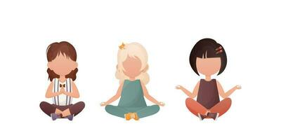 wenig Mädchen sitzt im das Lotus Position. Yoga Kinder. Vektor Illustration im Karikatur Stil. einstellen isoliert auf ein Weiß Hintergrund.