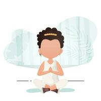 wenig Mädchen sitzt im das Lotus Position. Kinder- Meditation. Vektor Illustration.