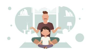 Papa und wenig Sohn sind Sitzung im das Lotus Position. Meditation. Karikatur Stil. vektor