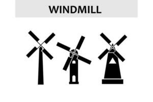 Windmühle Gebäude Sammlung Symbol. uralt Windmühle zum Mehl Produktion und elektrisch Wind Turbine Konzept linear Piktogramme. Vektor Illustration