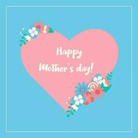 mors dag kort. rosa hjärta med blommor och de text Lycklig mors dag på blå bakgrund. vektor