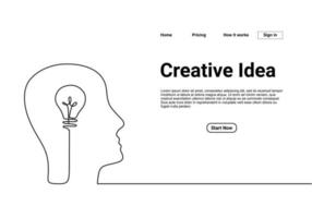 kontinuerlig en radritning av huvudet med en glödlampa för webbplatsens målsida. tänk stort, peka på idékoncept minimal design isolerad på vit bakgrund. vektor