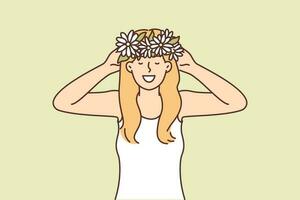 Frau setzt auf Kopf Kranz von Frühling Blumen gesammelt im Wiese und freut sich beim Beginn von warm Wetter. schön jung Alter Mädchen dekoriert Haar mit wild Blumen von Clearing oder Hinterhof vektor