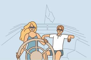 Paar im Liebe Fahrten auf Yacht Ausgaben besitzen Flitterwochen auf Luxus Reise durch Meer oder Ozean. glücklich Frau lenkt Yacht mit Lenkung Rad steht in der Nähe von Geliebte Mann genießen Flitterwochen Reise. vektor