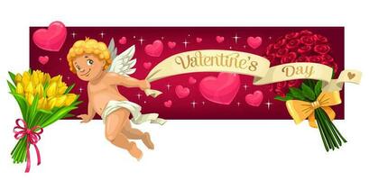 valentines dag hjärtan, blommor och cupid ängel vektor