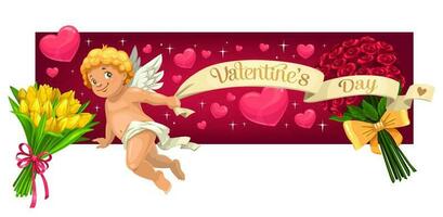 Valentinsgrüße Tag Herzen, Blumen und Amor Engel vektor