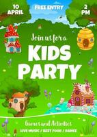 Kinder Party Flyer, Fee Pilz und Bienenstock Haus vektor