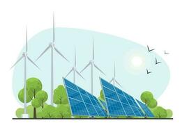 vind och sol- generation. sol- paneler och vind turbiner på natur bakgrund. de begrepp av alternativ elektricitet produktion. vektor