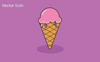 Schmelzende Eisbällchen in der Waffelkegel isoliert auf rosa Hintergrund. Vektor-flache Umriss-Symbol. comicfigur in der karikaturartillustration für t-shirt design vektor