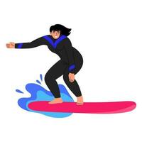 kvinna karaktär surfing. surfare stående på surfingbräda i Vinka. platt vektor illustration på vit bakgrund.