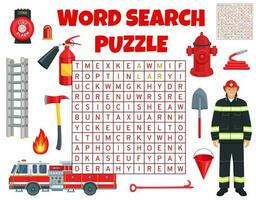 Feuerwehrmann Ausrüstung auf Wort Suche Puzzle Spiel vektor