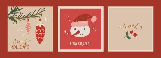 einstellen von Weihnachten und Neu Jahr Karten mit Hand gezeichnet Abbildungen von Weihnachten Symbole im retro Stil vektor
