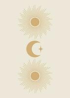 mystisch Zeichnung von Mond und Sonne Illustrator Poster. Boho minimalistisch druckbar Mauer Kunst. geometrisch abstrakt himmlisch Karte vektor