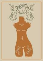 modern estetisk illustration affisch med kvinna kropp. bohemisk stil vägg dekor. samtida konstnärlig skriva ut med kvinna sätta dit och blommor. kvinna silhuetter, pastell färger. feminin begrepp vektor