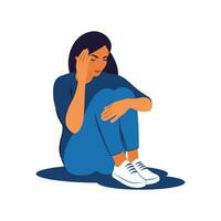 unzufrieden Mädchen im verzweifeln, psychologisch Probleme. Depression Frau sitzen auf das Fußboden und umarmen ihr Knie. Angst Störung. Vektor Illustration.
