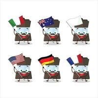 Mokka Topf Karikatur Charakter bringen das Flaggen von verschiedene Länder vektor