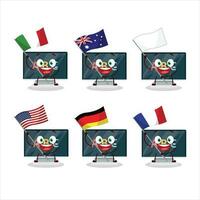 alfabet på övervaka tecknad serie karaktär föra de flaggor av olika länder vektor