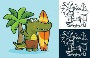 Krokodil mit Surfbrett auf Kokosnuss Baum Hintergrund. Vektor Karikatur Illustration im eben Symbol Stil