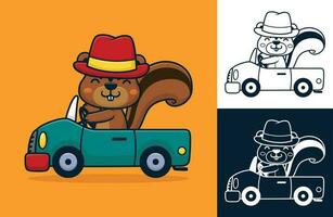 ekorre bär kastare hatt körning bil. vektor tecknad serie illustration i platt ikon stil