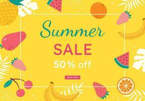 Sommer- Verkauf Banner mit Stücke von reif Frucht, hell Design. tropisch Blätter und Früchte. Gelb Hintergrund. Vektor Illustration