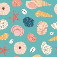 nahtlos Vektor Hand zeichnen Muster mit bunt Muscheln und Seesterne. verschiedene Muscheln auf ein tropisch Strand. Sommer- Marine Tier Hintergrund Design. Ferien Reise Konzept. Karikatur Illustration.