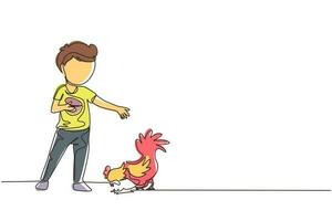 kontinuierliche eine Linie Zeichnung kleiner Junge, der Hühner auf Hühnerfarm füttert. Kinderbauer füttert Hahn, Henne und kleine Hühner. Kinder Bauernleben. einzeiliges zeichnen design vektorgrafik illustration vektor