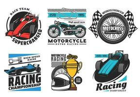 tävlings och motorsport ikoner, motorcykel, bil samling vektor