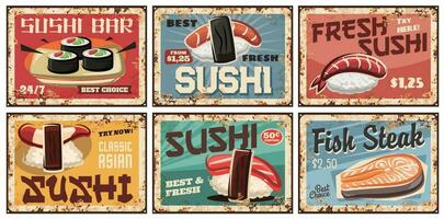 sushi metall plattor eller retro affischer, japansk mat vektor