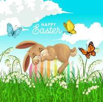Lycklig påsk vektor affisch med kanin sömn på ägg