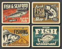 Fisch und Meeresfrüchte, Angeln Sport retro Plakate vektor
