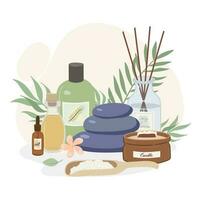 Spa, Massage, Aromatherapie Zubehör, wesentlich Öle, Kerzen Vektor Illustration. Kosmetika, Zubehör zum Entspannung, Haut Pflege Elemente auf Weiß Hintergrund.