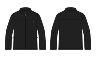 lange Ärmel Jacke mit Tasche und Reißverschluss technisch Mode eben skizzieren Vektor Illustration schwarz Farbe Vorlage Vorderseite und zurück Ansichten. Vlies Jersey Sweatshirt Jacke zum Herren und Jungen.