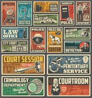 Gesetz Büro, Polizei Akademie und Gericht retro Plakate vektor