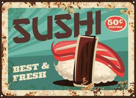 retro affisch, japansk sushi bar meny, metall tecken vektor