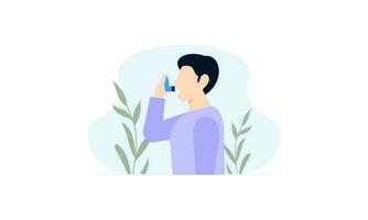 Menschen Verwendet ein Asthma Inhalator gegen ein allergisch Attacke. Welt Asthma Tag vektor