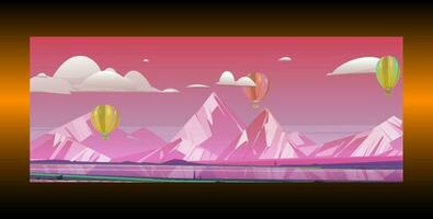 berg sjö landskap vektor illustration. tecknad serie platt panorama av vår sommar skön natur, gräsmarker äng med naturskön sjö och bergen på horisont bakgrund med varm luft ballon